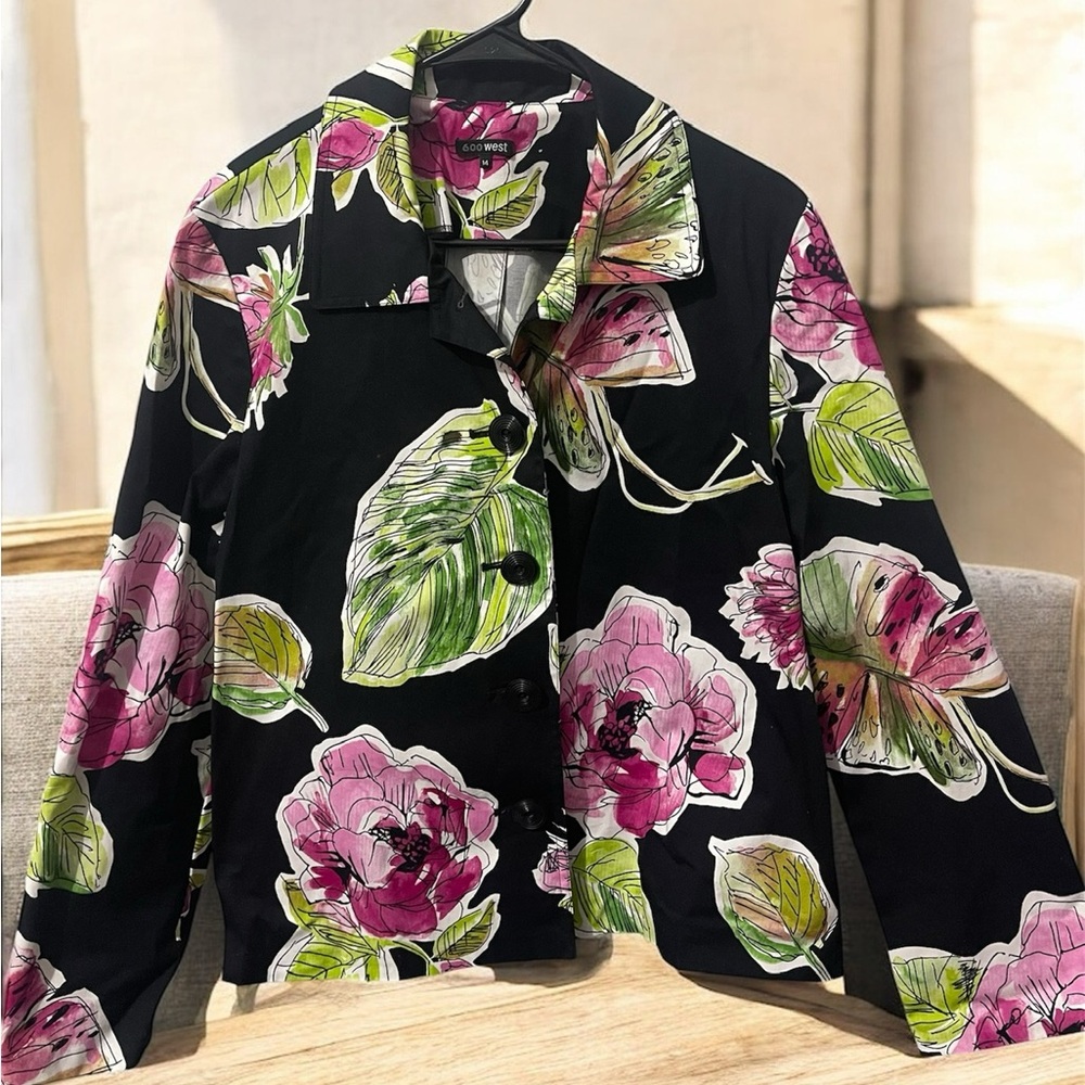 600 West Black Button Front Floral Jacket with Pink and Green